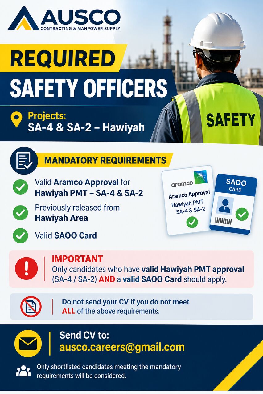 Dammam, Jobs, SAFETY OFFICERS (Urgent) With Saoo Card