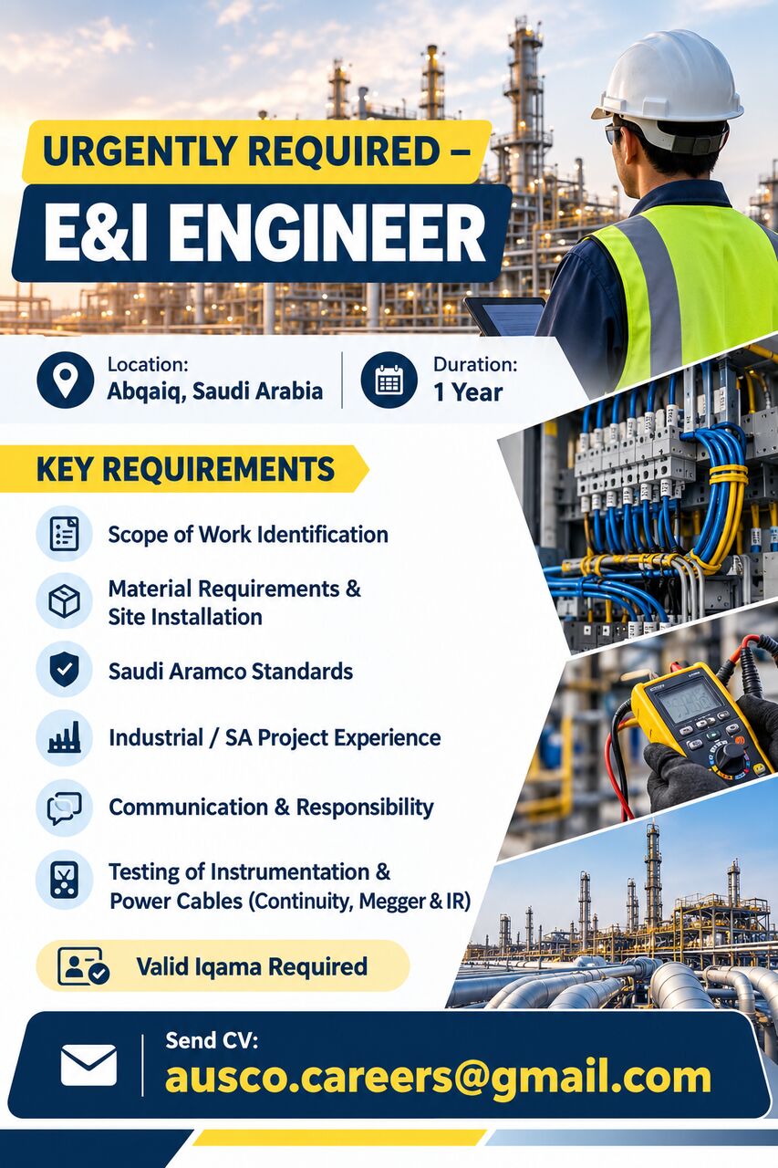 Dammam, Jobs, URGENTLY REQUIRED &ndash; E&I ENGINEER
