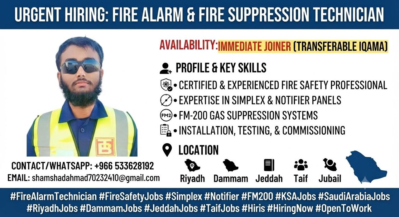 Jubail, Job Seekers, ​🚨 URGENT JOB OPENING REQUIRED – Fire Alarm & Fire Suppression Technician (Immediate Join