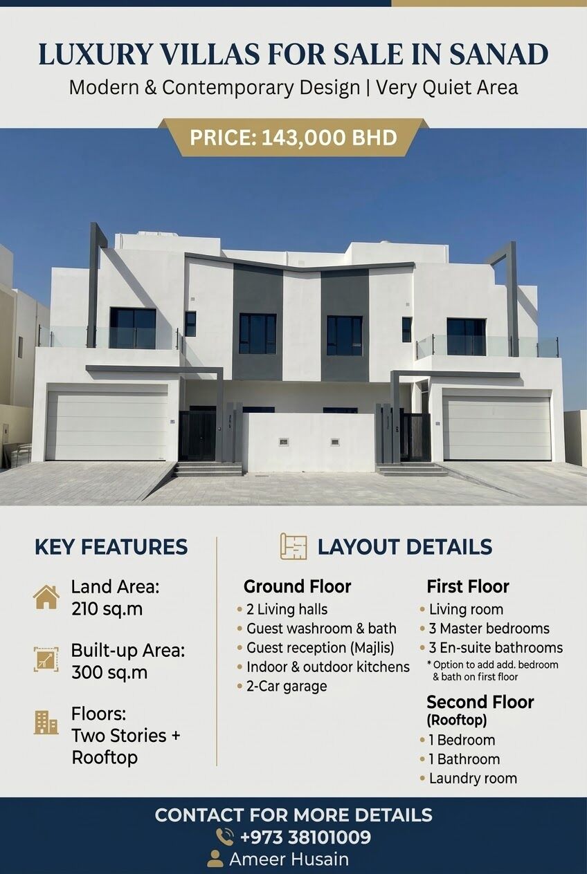 Sanad, Real Estate For Sale, BHD 143,  4 BR,  210 Sq. Meter,  Luxury Villas For Sale In Sanad