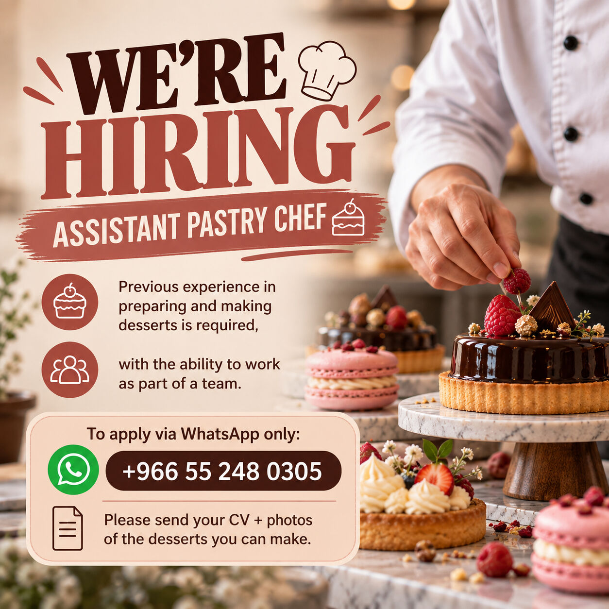 Riyadh, Jobs, ASSISTANT PASTRY CHEF