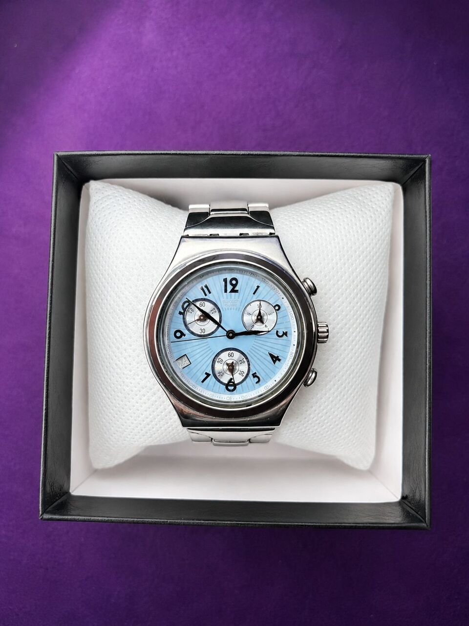 Khobar, Watches, SAR 299,  Vintage Swatch Irony Chrono "Curling Famous" (YCS501G) - Ice Blue Dial Stainless Steel Chr