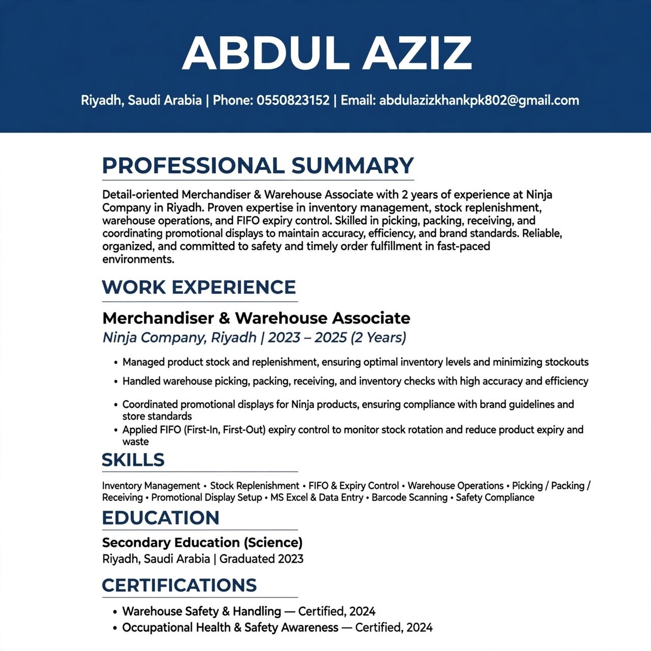Riyadh, Job Seekers, Wherehouse Merchandiser Packing