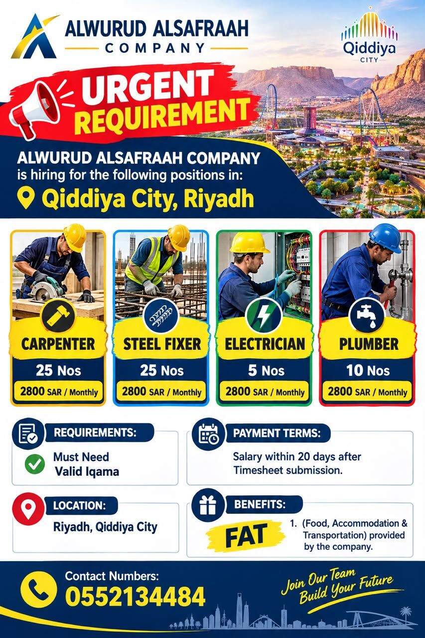 Khobar, Jobs, Urgent Electrian,Plumber,Carpanter Steel Fixer,Labour
