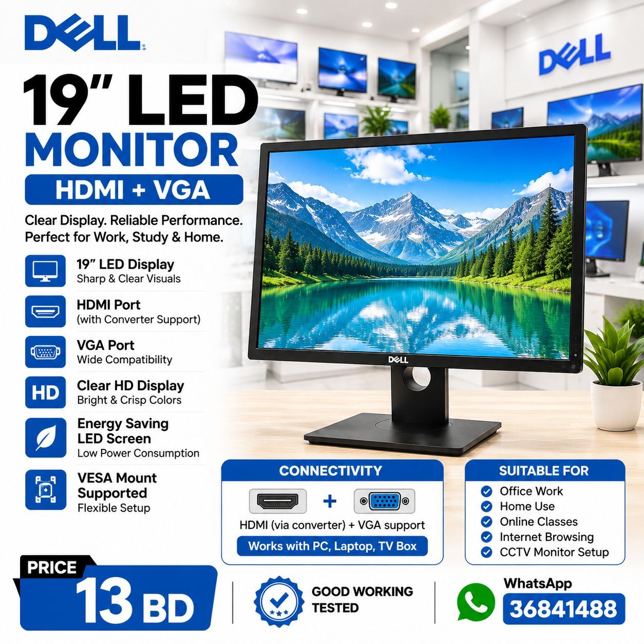 Diplomatic Area, Computers, BHD 13,  Dell 19" Display HDMI Monitor Same As New -Call/ WhatsApp/36841488