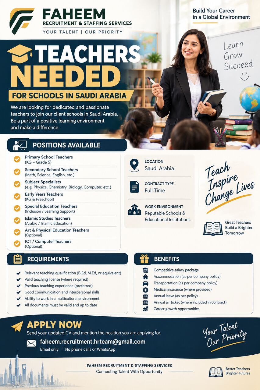 Riyadh, Jobs, TEACHERS NEEDED &ndash; SAUDI ARABIA