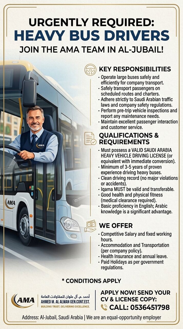 Jubail, Jobs, Urgently Hiring Experienced Heavy Bus Drivers