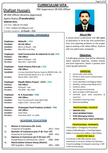 Riyadh, Job Seekers, ARAMCO APPROVED HSE OFFICER | SAFETY OFFICER | NEBOSH IGC CERTIFIED