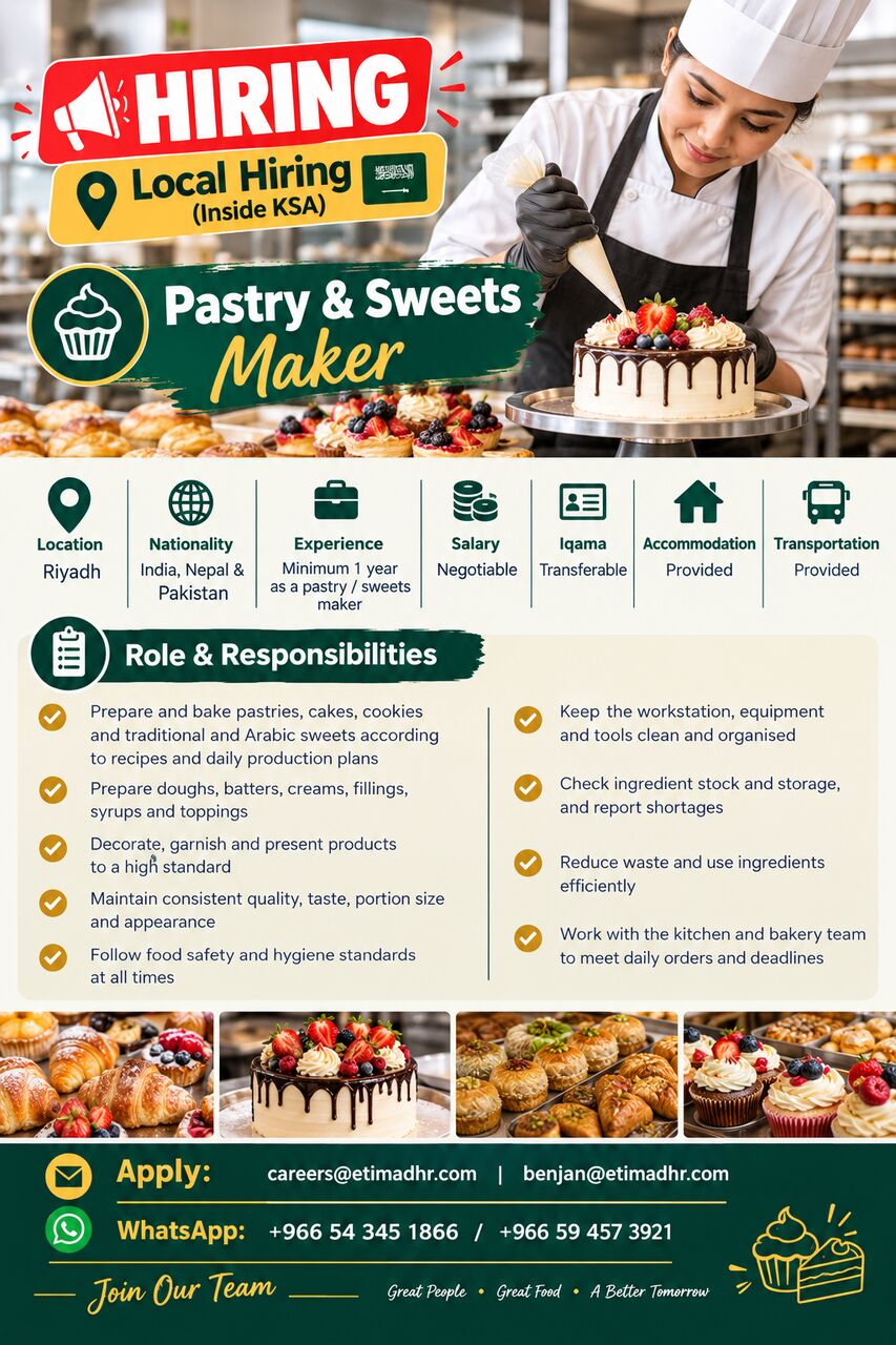 Riyadh, Jobs, Pastry And Sweets Maker