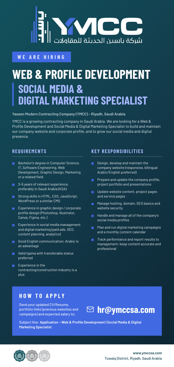 Riyadh, Jobs, Web & Profile Development, Social Media & Digital Marketing Specialist