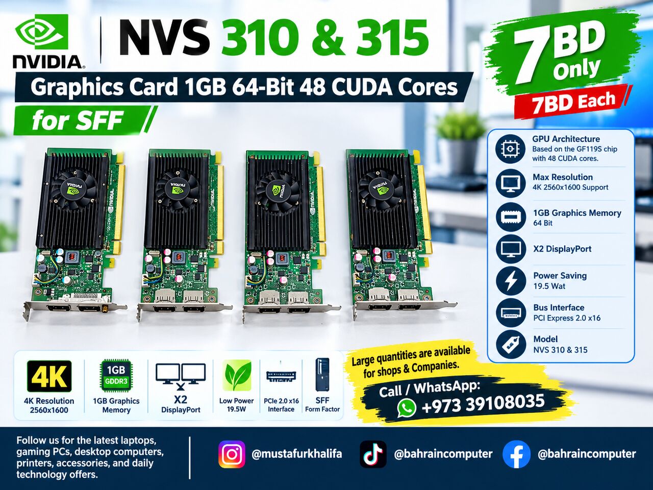 Riffa, Computers, BHD 7,  Nvidia NVS 310 & 315 1GB Low Profile Graphics Card - 7 BD