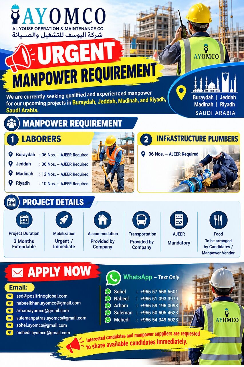 Riyadh, Jobs, Laborers--Infrastructure Plumbers