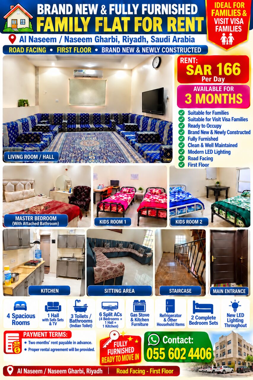 Riyadh, Apartments, Flats, Houses & Villas, SAR 5000/month,  4 BR,  🏠✨ BRAND NEW & FULLY FURNISHED FAMILY FLAT FOR RENT – RIYADH