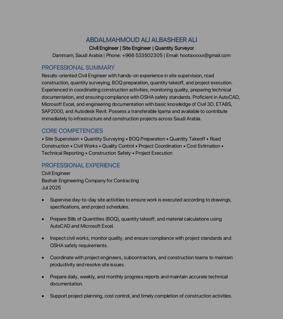 Dammam, Job Seekers, Civil Supervisor / Civil Foreman