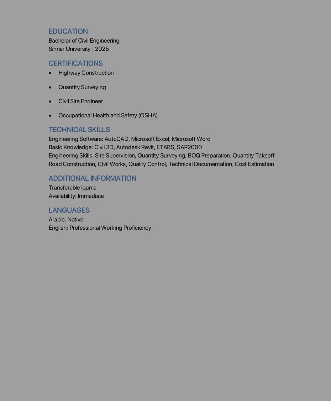 Dammam, Job Seekers, Civil Supervisor / Civil Foreman