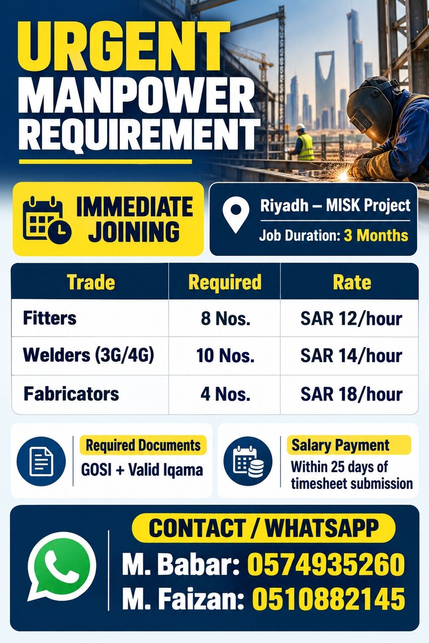 Riyadh, Jobs, Fitters: 8 Nos. &mdash; SAR 12/hour &bull; Welders (3G/4G): 10 Nos. &mdash; SAR 14/hour &bull; Fabricators: 4 No