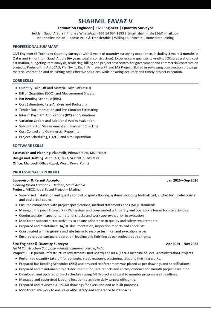 Jeddah, Job Seekers, CIVIL ESTIMATION ENGINEER