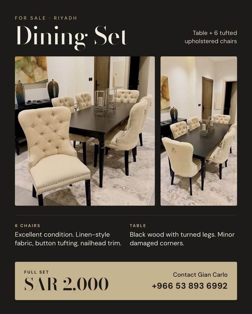 Al Hamra, Furniture, SAR 2000,  Dining Set For Sale &ndash; 6 Chairs + Table