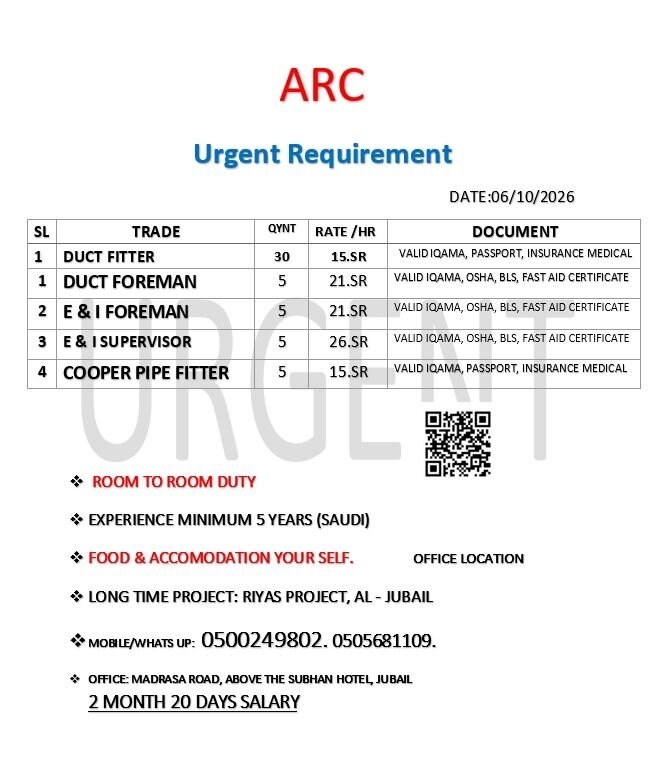 Riyadh, Jobs, I NEED TO DUCK FOREMAN,E&FORMEN,E&SUPERVISOR