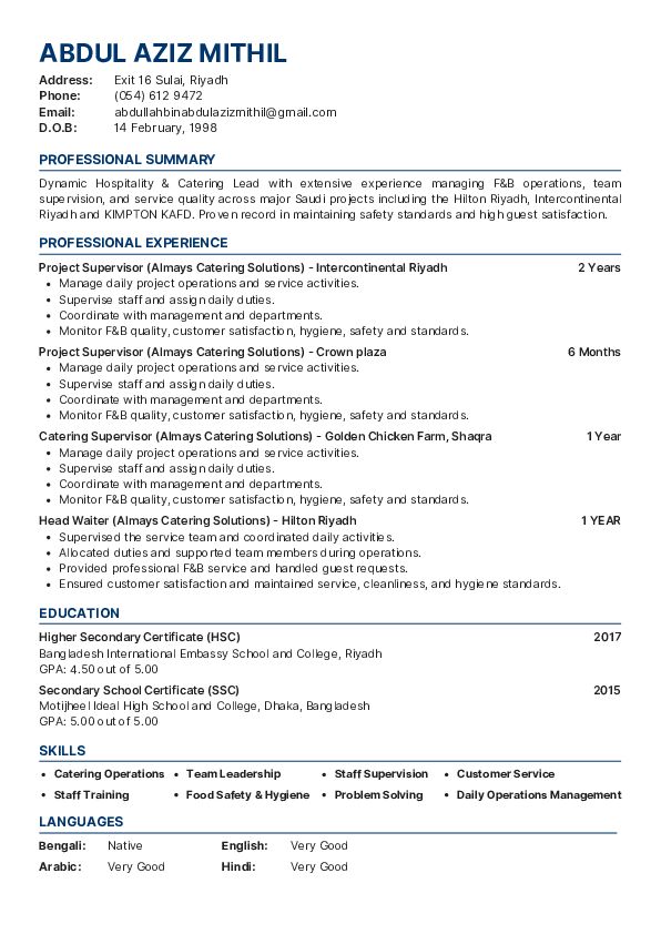 Riyadh, Job Seekers, Catering Supervisor (Project)/Captain Waiter,Hospitality