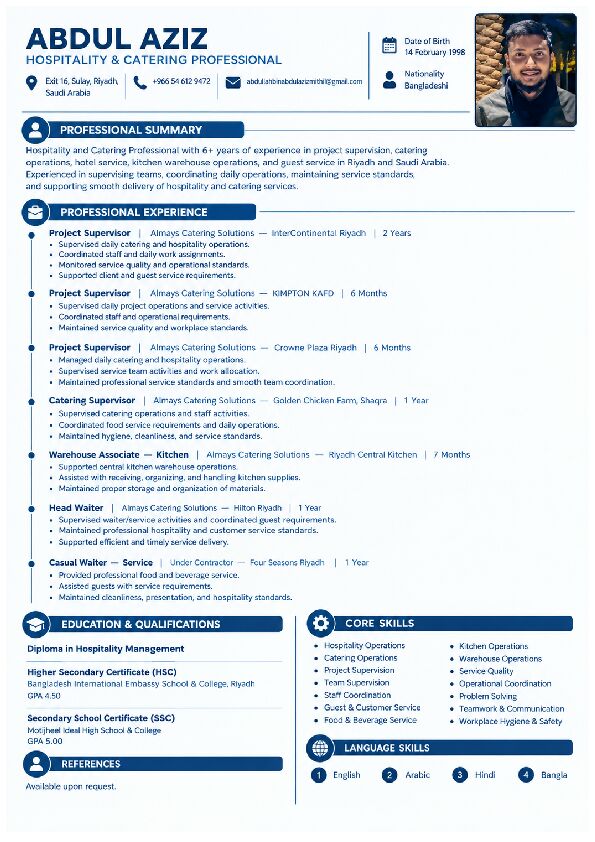 Riyadh, Job Seekers, Catering Supervisor (Project)/Captain Waiter,Hospitality