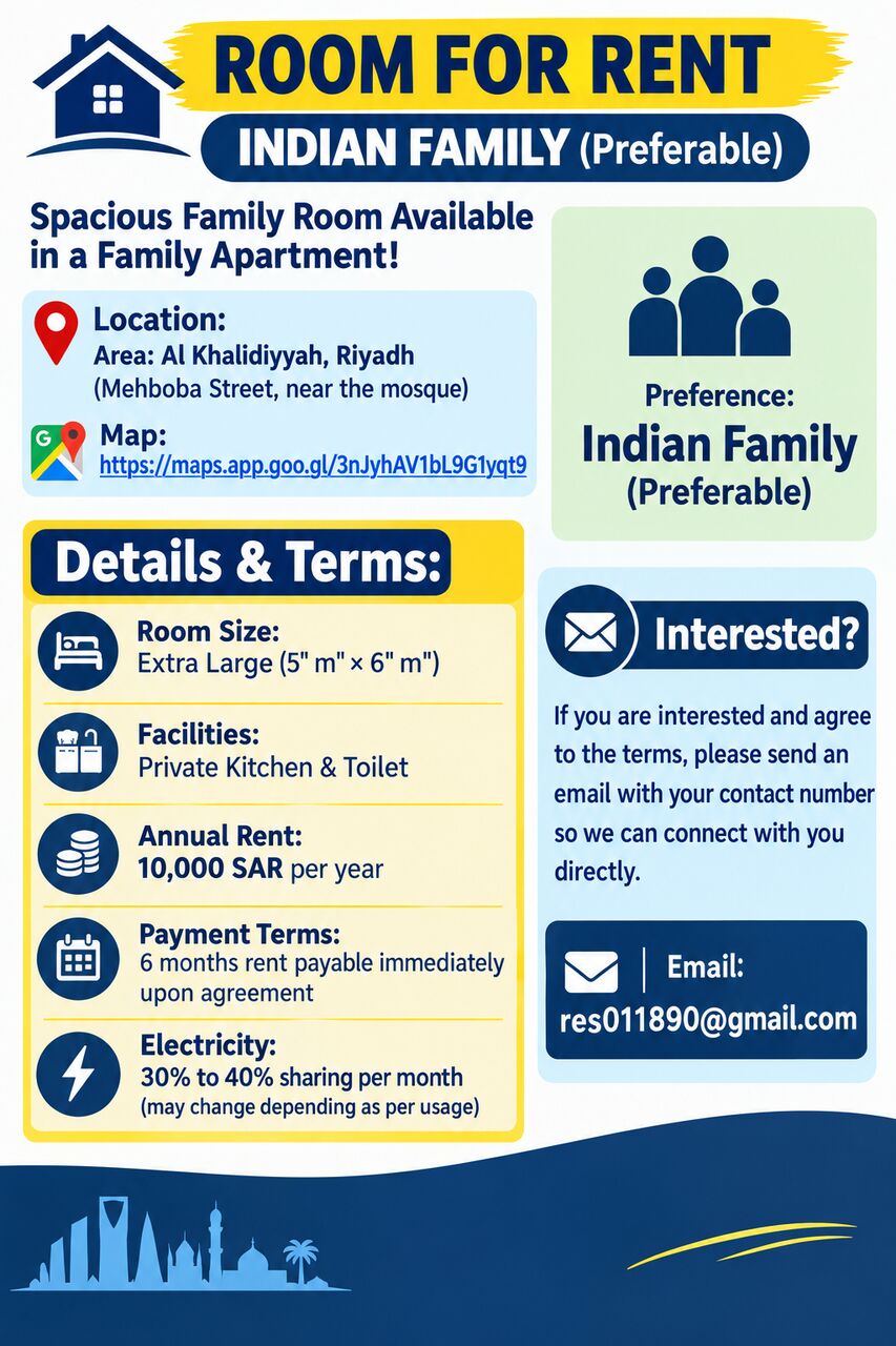 Al Khalidiyah, Apartments, Flats, Houses & Villas, SAR 10000/year,  1 BR,  30 Sq. Meter,  One Family Room, Kitchen & Toilet. Indian Family (preferable)