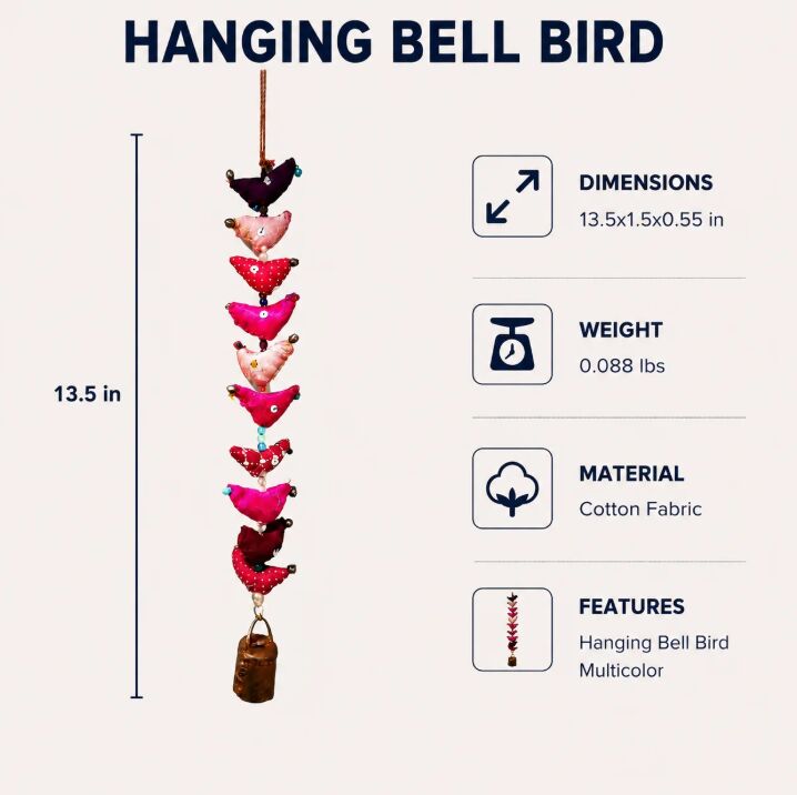 New York, Household Items, USD 8,  Handmade Wall Hanging Bell Bird Décor | Multicolor Ornament | Pack Of 2