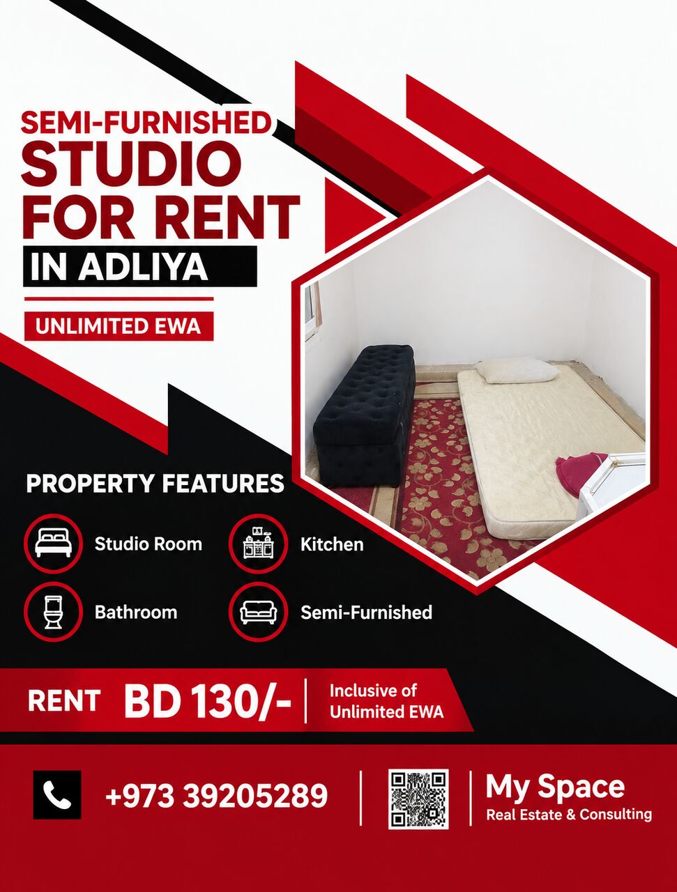 Adliya, Apartments, Flats, Houses & Villas, BHD 130/month,  Studio,  SEMI-FURNISHED STUDIO FOR RENT IN ADLIYA | UNLIMITED EWA