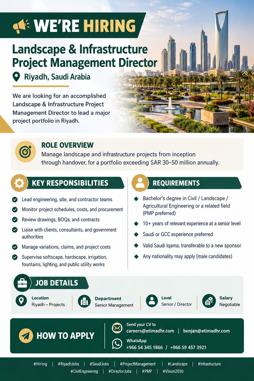 Riyadh, Jobs, Landscape & Infrastructure Project Management Director