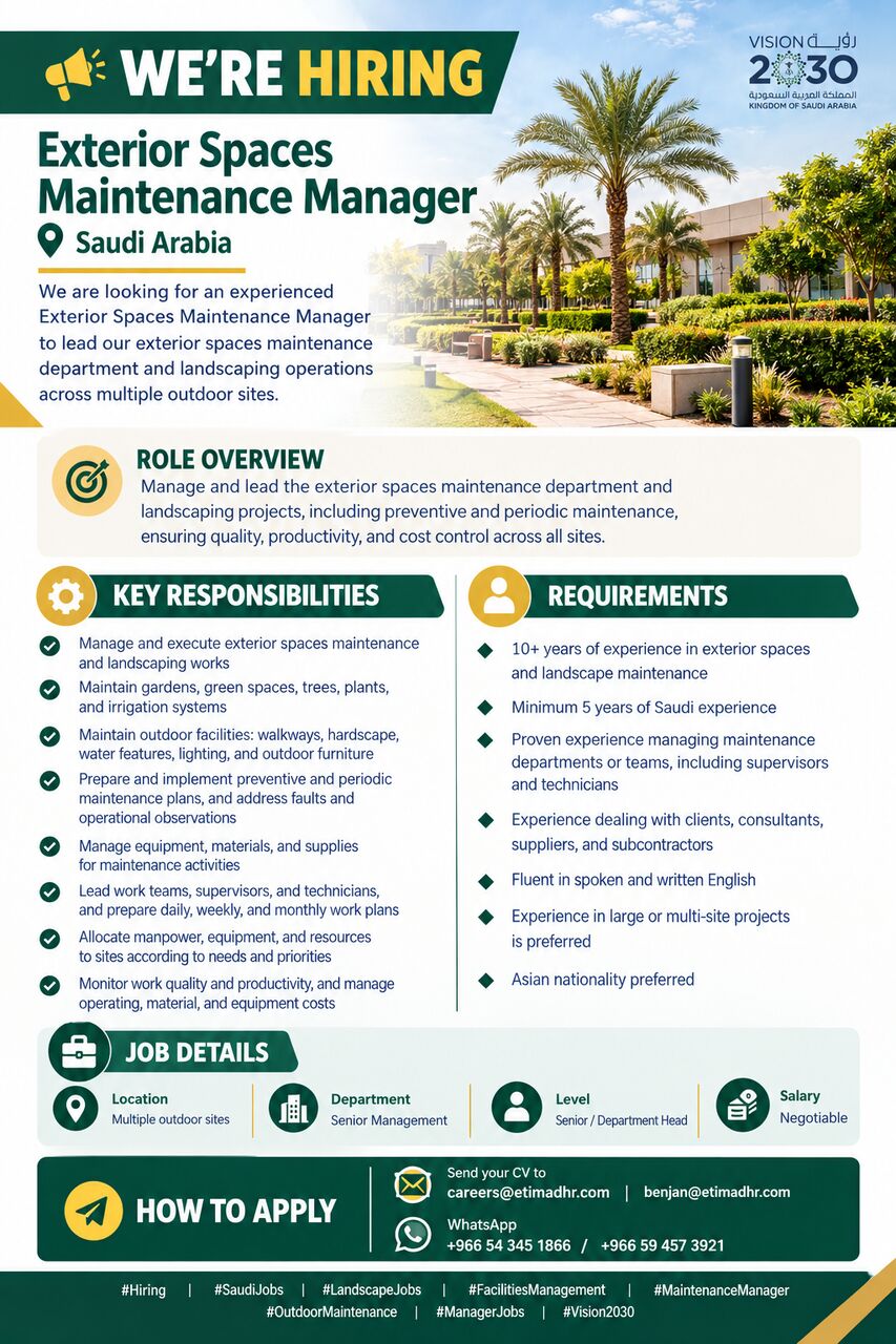Riyadh, Jobs, Exterior Spaces Maintenance Manager