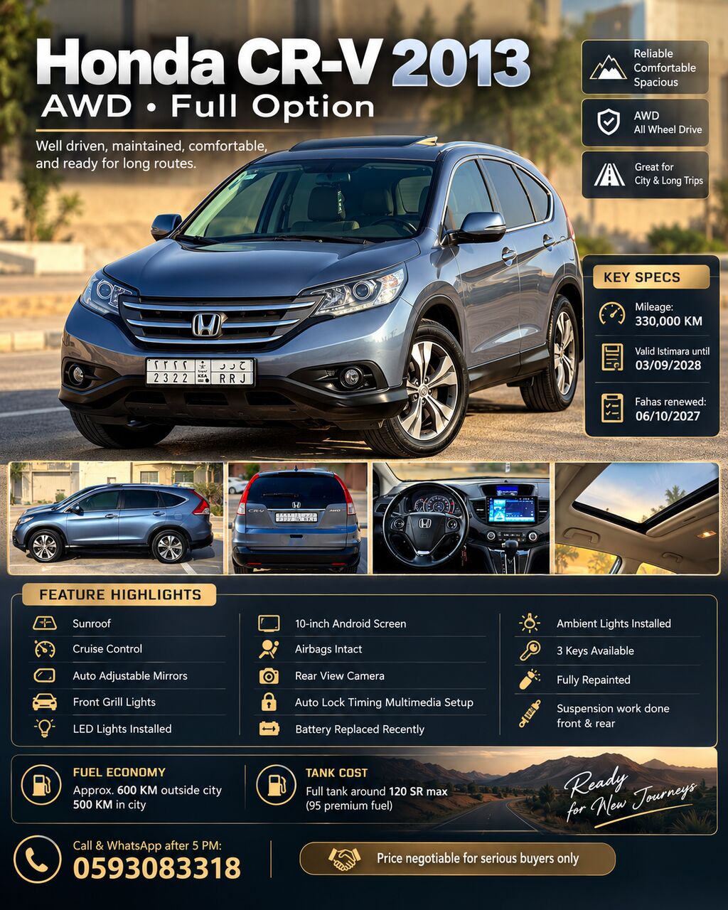 Al Naseem, Vehicles, Cars & Trucks , SAR 30000,  Honda CR-V,  2013,  Automatic,  330000 KM,    AWD Full Option For Sale &ndash; Metallic Blue-Grey