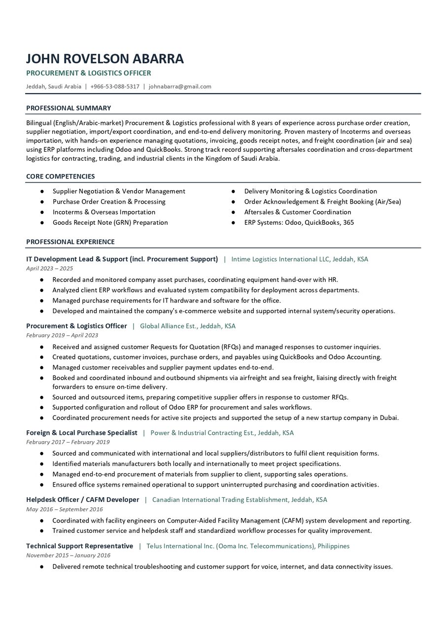 Jeddah, Job Seekers, Looking For Procurement / Logistics Officer Role &ndash; Jeddah (Immediate Availability)