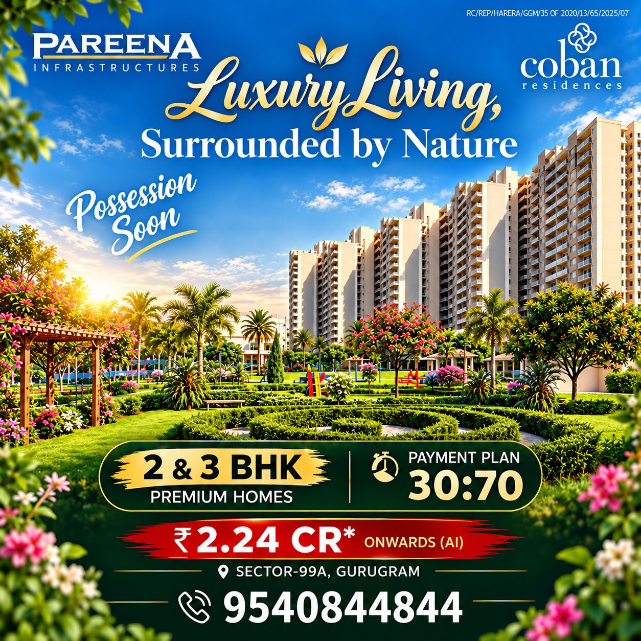 Gurgaon, Apartments, Flats, Houses & Villas, INR 22475000/year,  Furnished,  2 BR,  1550 Sq. Feet,  PAREENA COBAN RESIDENCES - Call 9540844844 Luxury Apartment Sector 99A Gurgaon