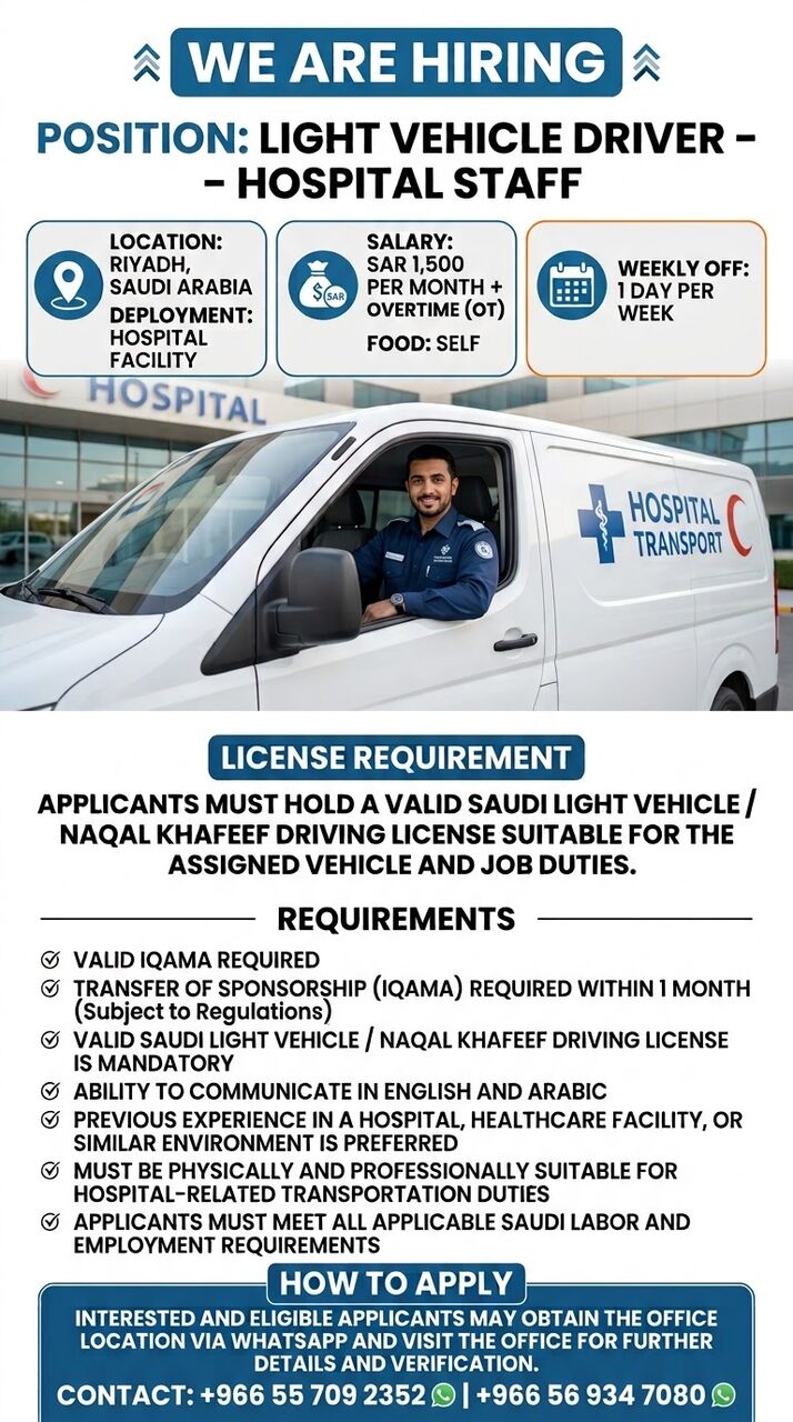 Riyadh, Jobs, URGENT HIRING &ndash; LIGHT VEHICLE DRIVER