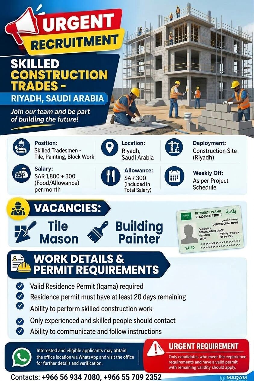 Riyadh, Jobs, Urgent Recruitment - Riyadh Saudi Arabia