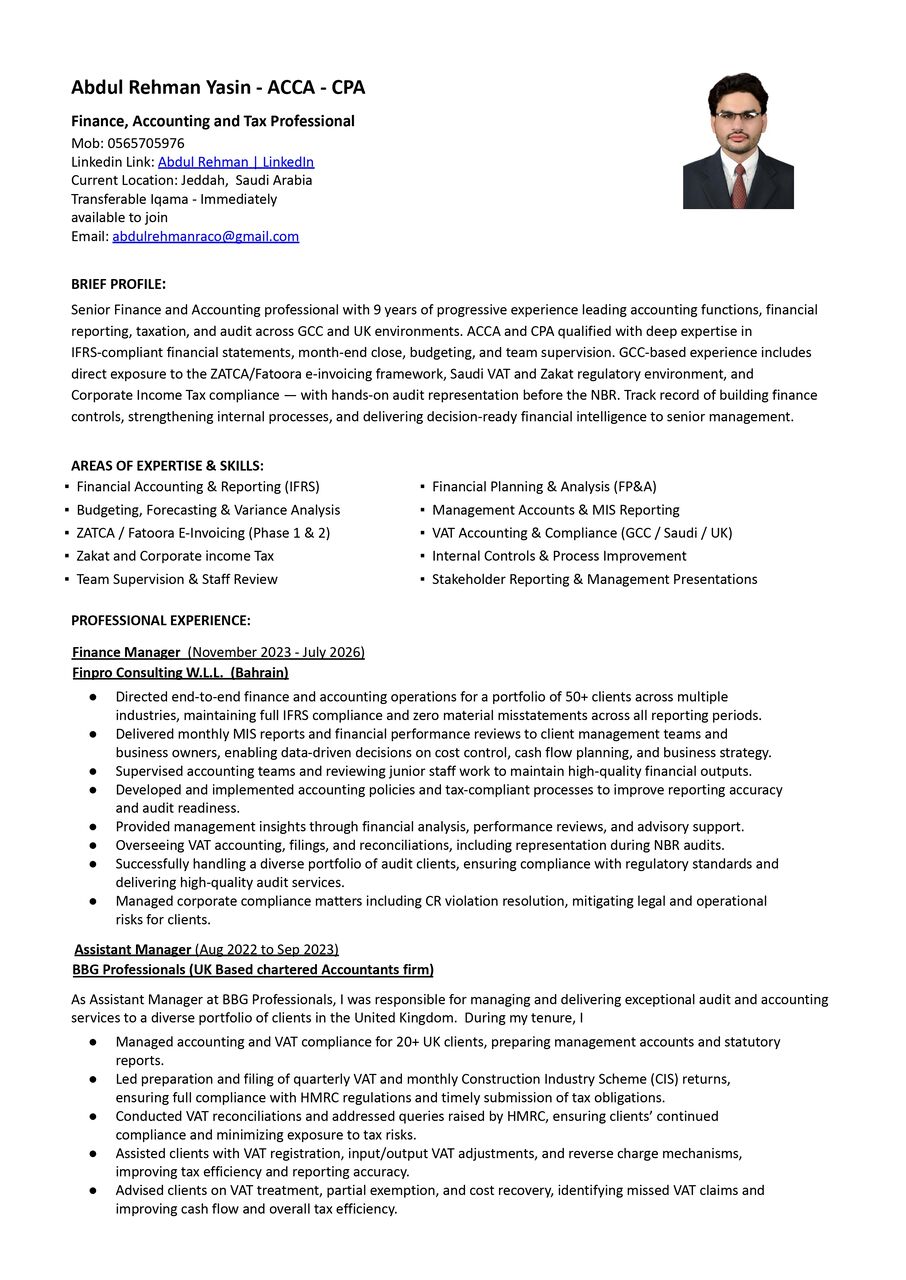 Jeddah, Job Seekers, Accounts And Finance Manager - Immediately Available - ACCA/CPA