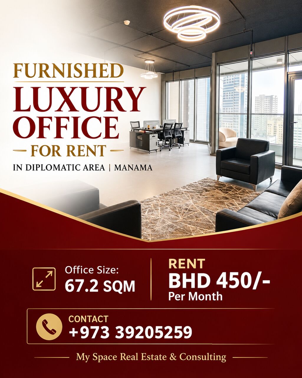 Diplomatic Area, Offices, BHD 450,  67 Sq. Meter,  FURNISHED LUXURY OFFICE FOR RENT IN DIPLOMATIC AREA | MANAMA