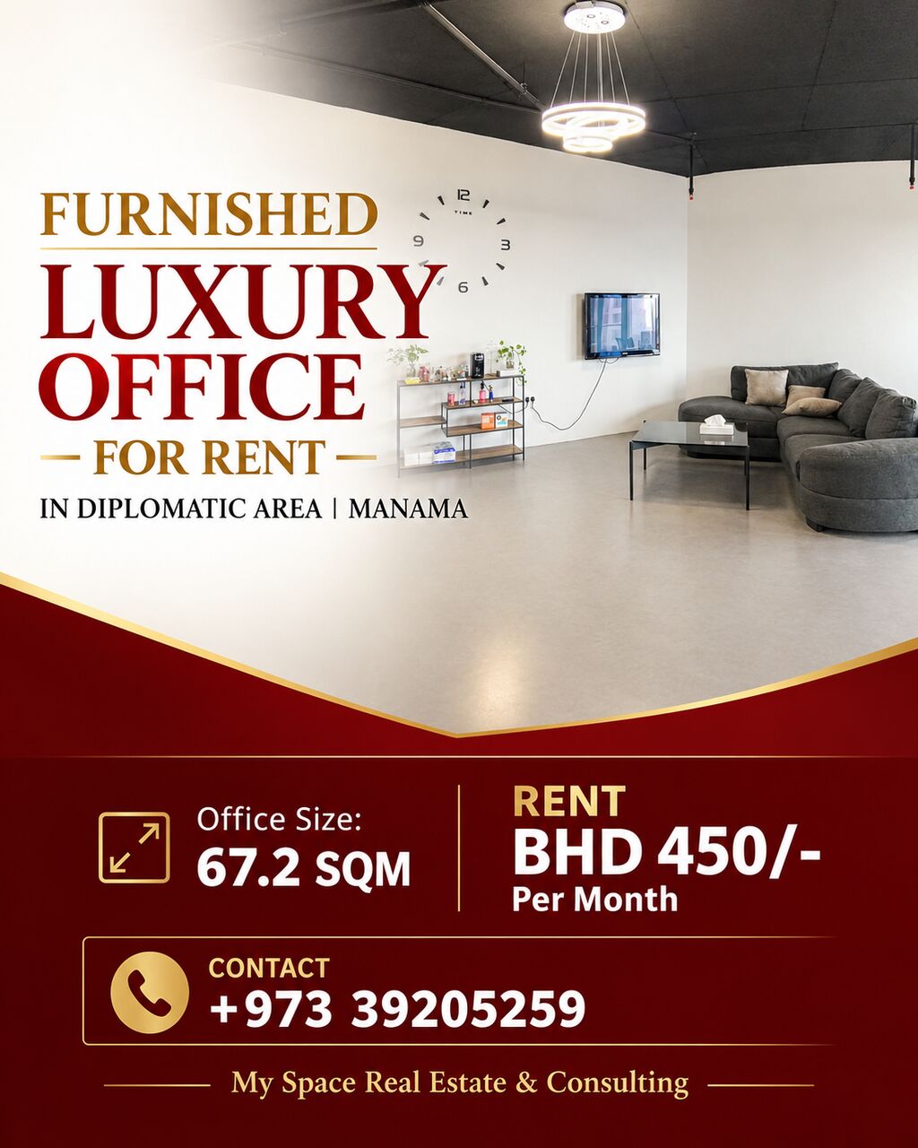 Diplomatic Area, Offices, BHD 450,  67 Sq. Meter,  FURNISHED LUXURY OFFICE FOR RENT IN DIPLOMATIC AREA | MANAMA