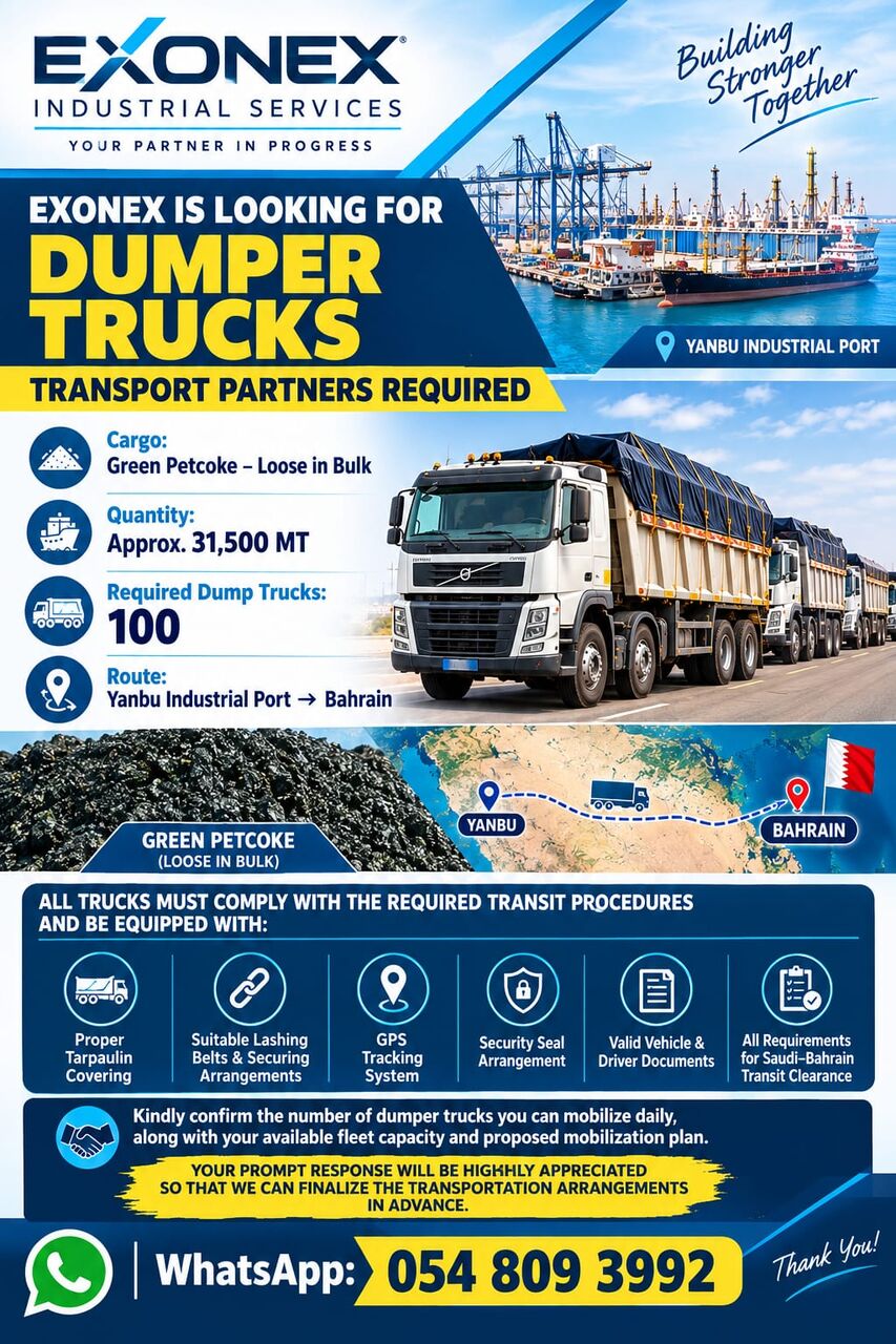 Yanbu, Jobs, Dump Trucks - 100 Nos  Yanbu - Bahrain (Trip Basis Rate)