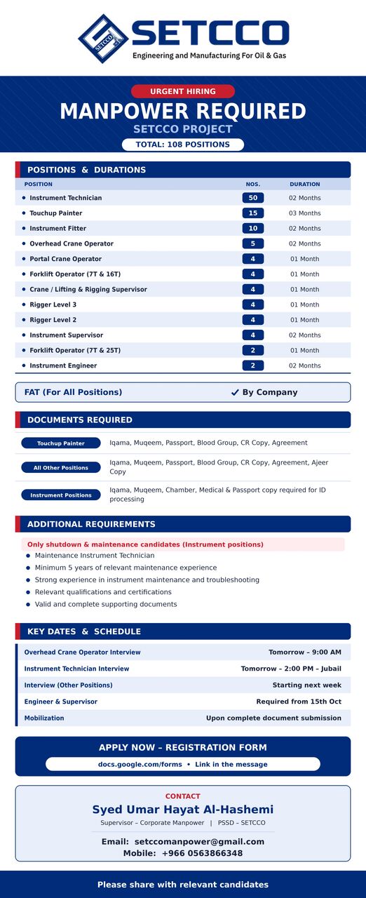 Jubail, Jobs, MANPOWER REQUIREMENT SETCCO
