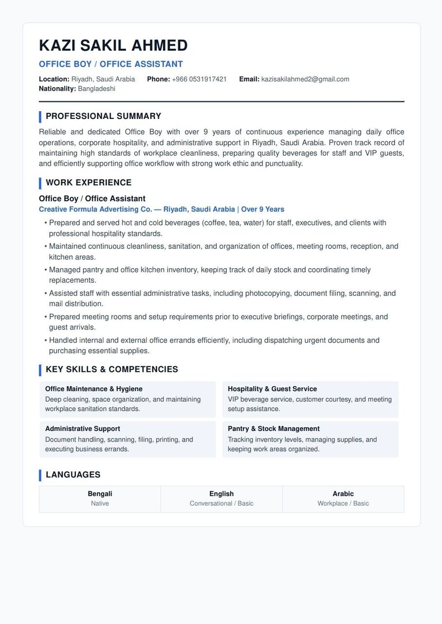 Olaya, Job Seekers, Office Boy /and Cleaner