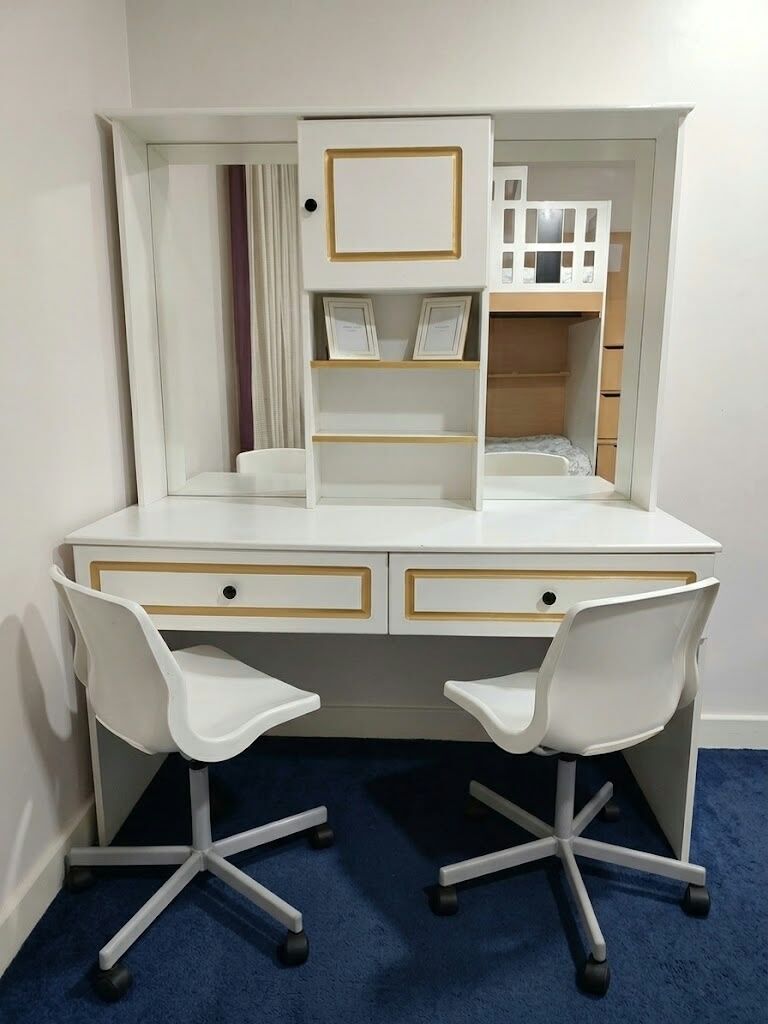 Al Rabwah, Furniture, SAR 650,  White & Gold Vanity Desk Set With 2 Chairs And Crazy Cart For Sale