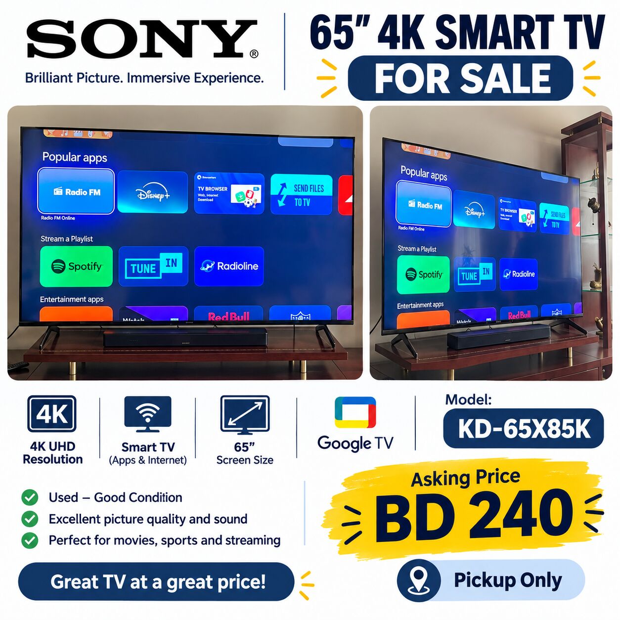 Mahooz, Appliances, BHD 240,  Sony KD 65X85K TV For Sale