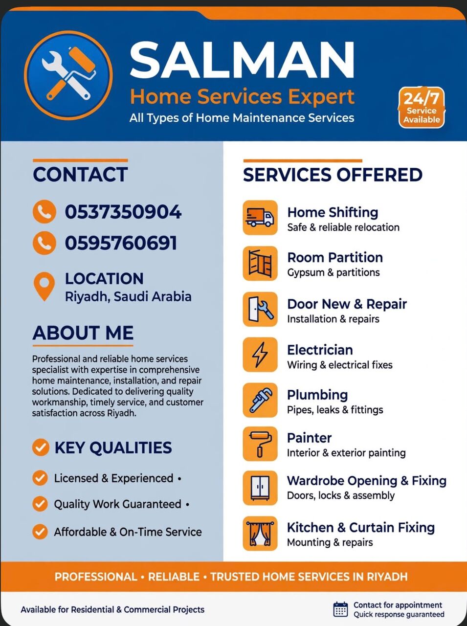 Riyadh, Job Seekers, Professional  Home Shifting  Room Partition  Electrician  Plumbing  In Riyadh