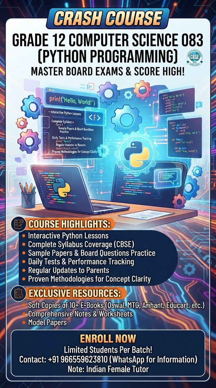 Dammam, Lessons Offered, CRASH  COURSE ON GRADE 12 Computer SCiene_083(PYTHON PROGRAMMING)