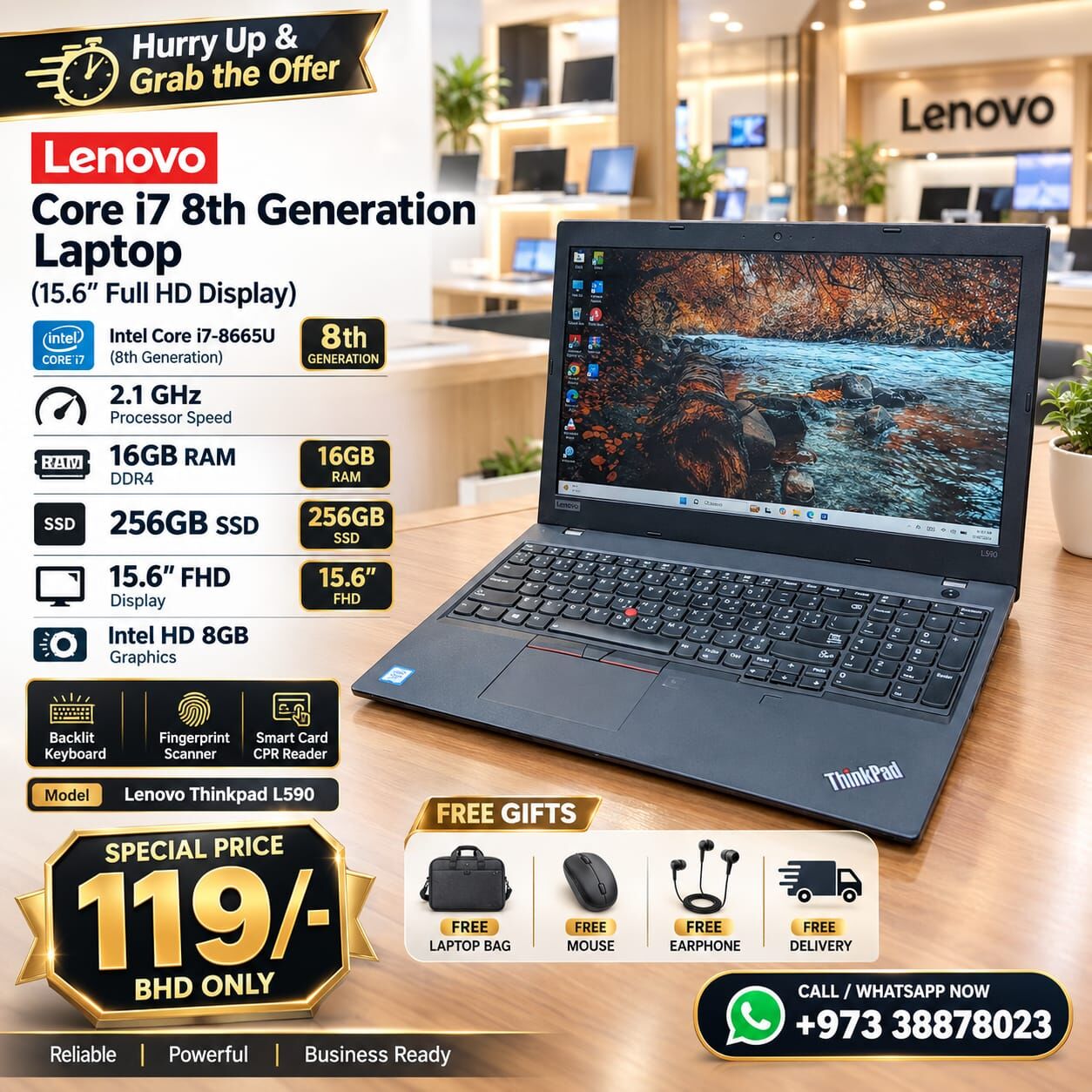 Manama, Computers, BHD 119,  Lenovo Core I7 8th Gen Laptop 16GB RAM 256GB SSD 15.6" FHD Display FREE GIFTS