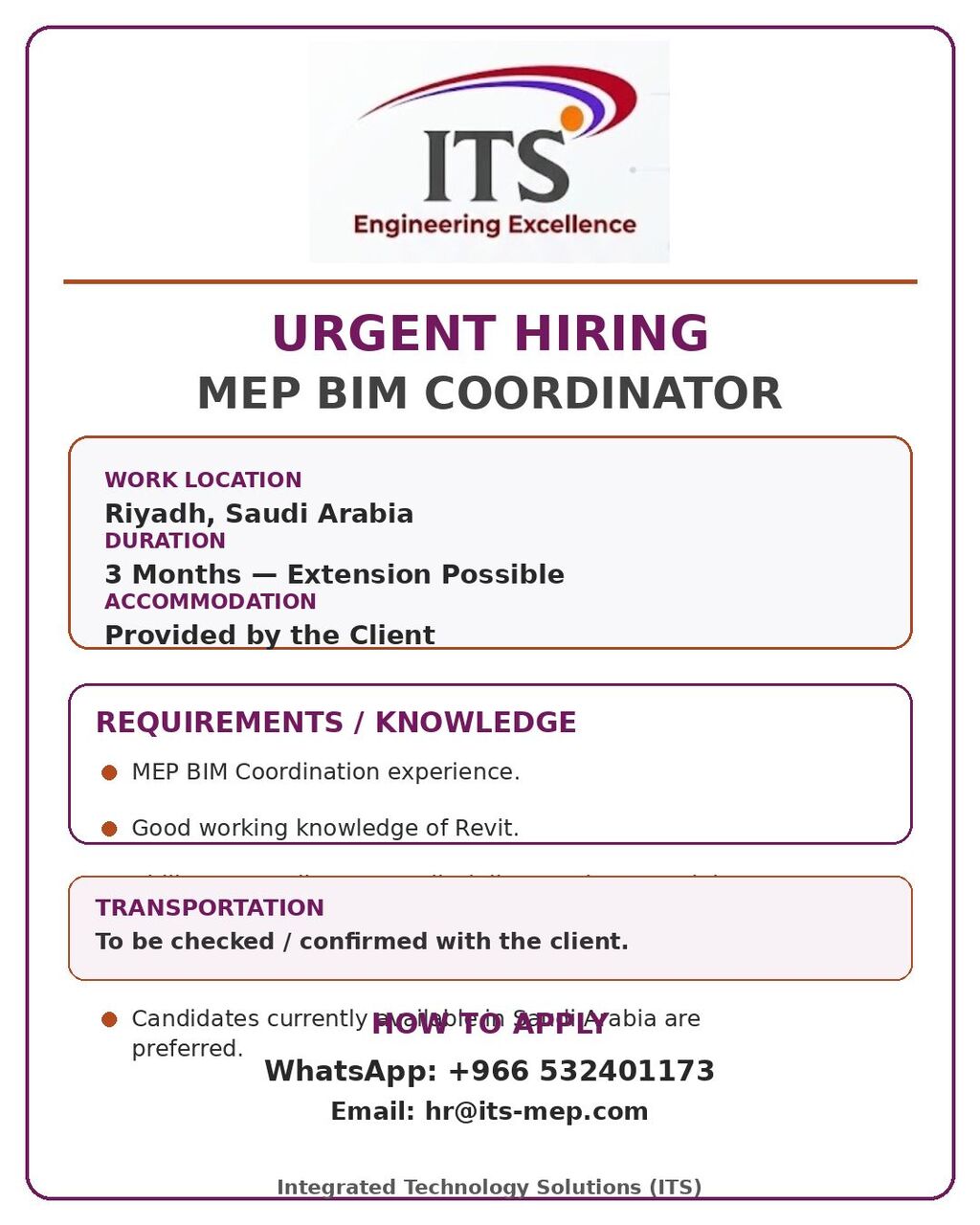 Jubail, Jobs, MEP BIM Coordinator