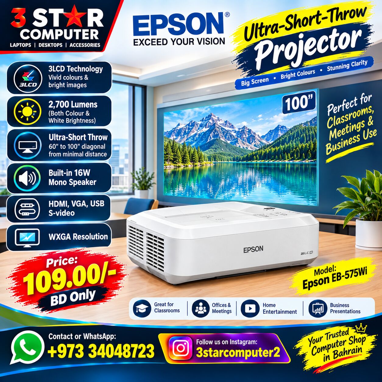 Manama, Computers, BHD 109,  Epson Projector 2,700 Lumens Bright Images,even In Daylight Upto 100" 3LCD WXGA Technology