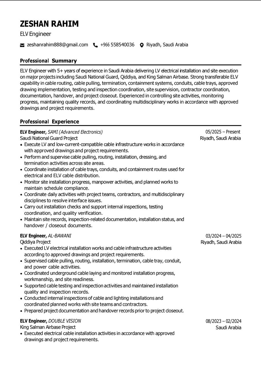 Riyadh, Job Seekers, ELV ENGINEER