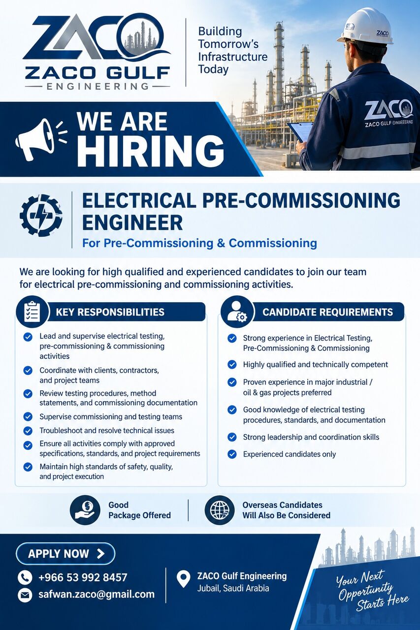 Jubail, Jobs, URGENT HIRING &ndash; ELECTRICAL PRE-COMMISSIONING ENGINEER